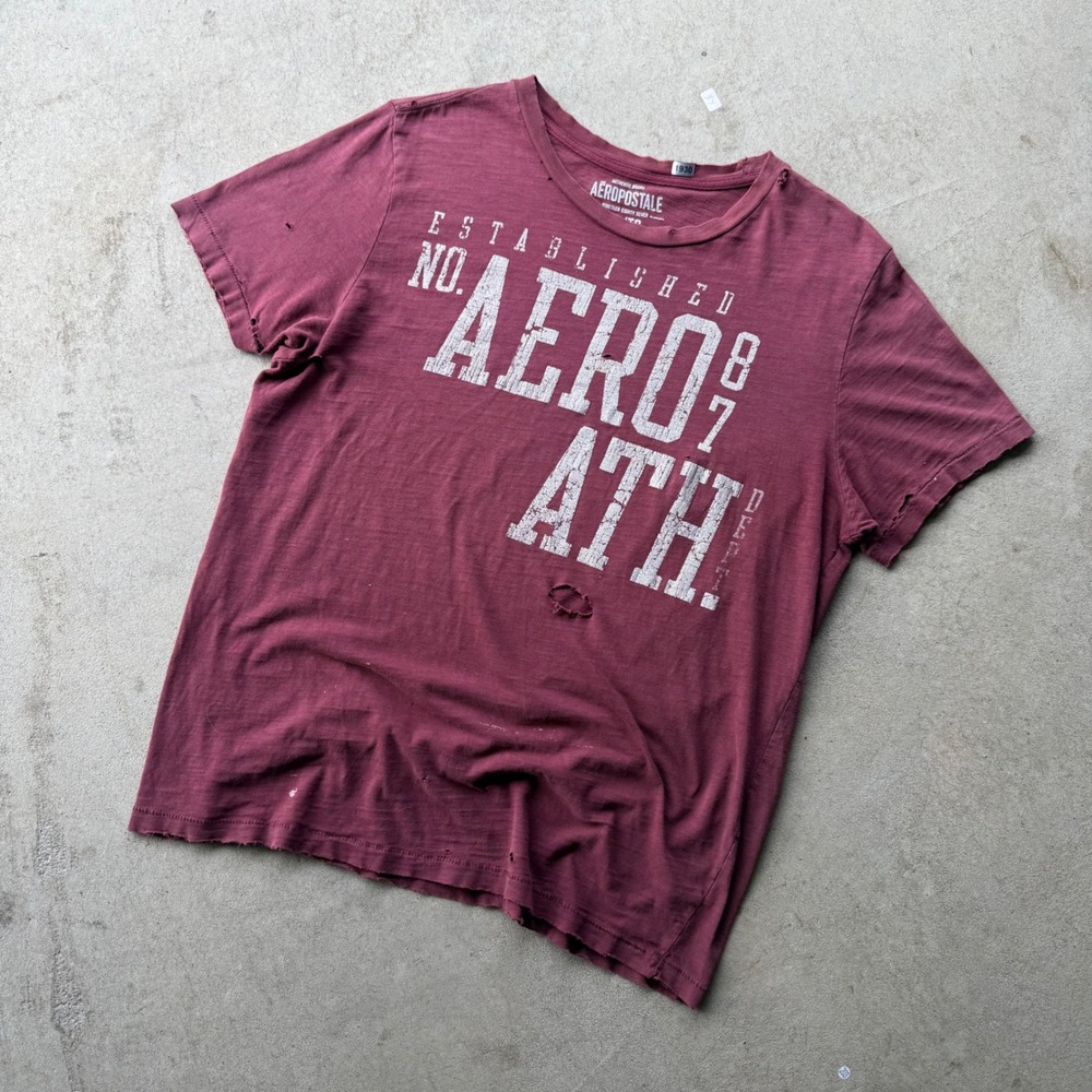 Y2K Mens Aeropostale Distressed Graphic T-Shirt Burgundy Slub XL